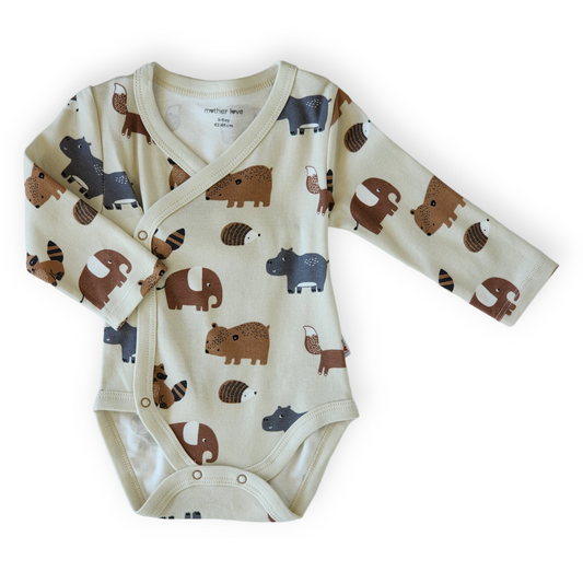 Organic Cotton Forest Animals Wrapover Body-Animals, Beige, Body, Bodysuit, Boy, catboy, Creeper, Forest, FW23, Long sleeve, Onesie, Wrapover-Mother Love-[Too Twee]-[Tootwee]-[baby]-[newborn]-[clothes]-[essentials]-[toys]-[Lebanon]