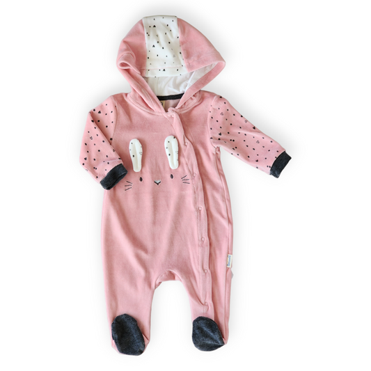 Cat Ears Velour Pink Jumpsuit with Hoodie-catgirl, Ears, Footed, FW23, Girl, Jumpsuit, Long Sleeve, Pink, Velour-MiniWorld-[Too Twee]-[Tootwee]-[baby]-[newborn]-[clothes]-[essentials]-[toys]-[Lebanon]