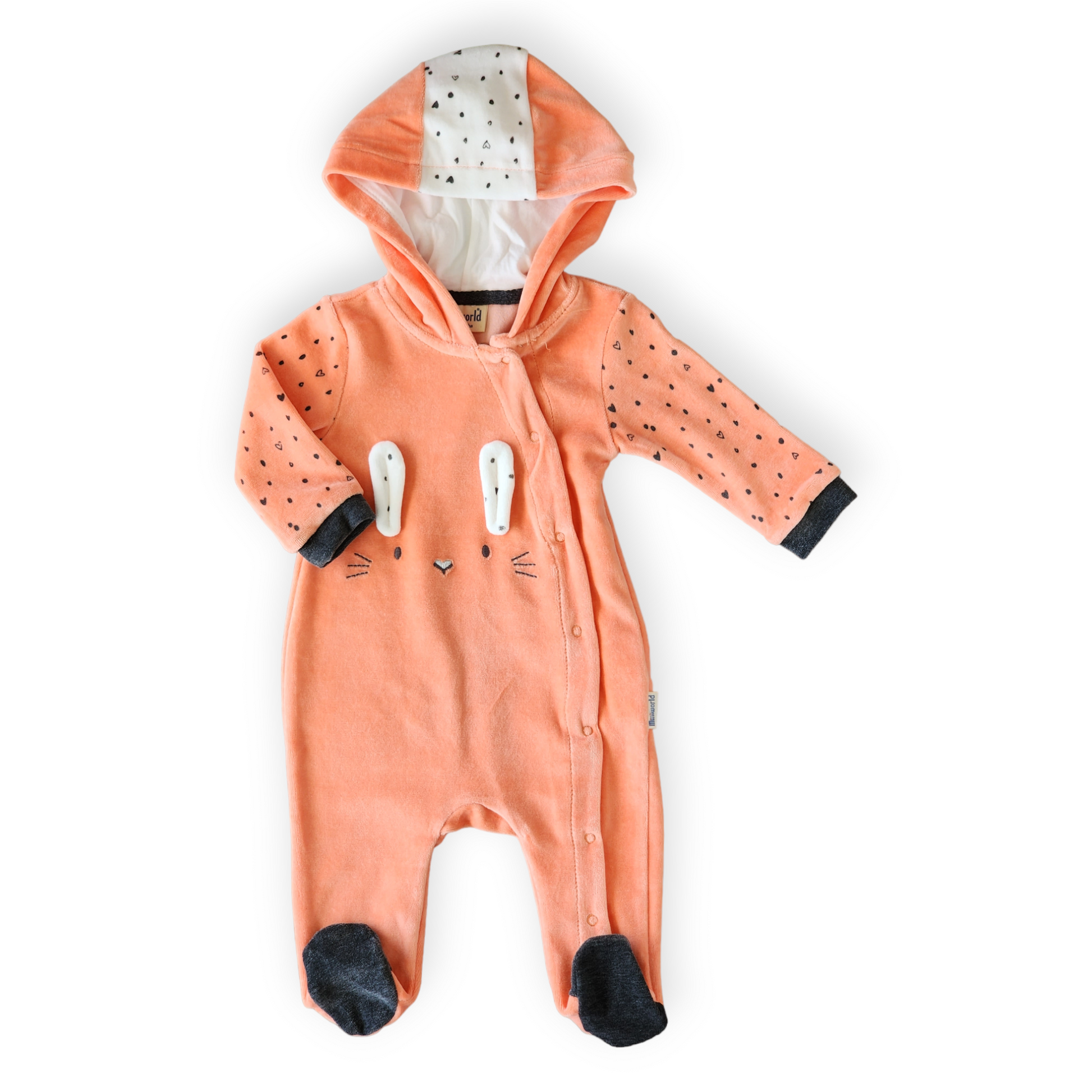 Cat Ears Velour Orange Jumpsuit with Hoodie-Boy, catboy, catgirl, catunisex, Ears, Footed, FW23, Girl, Jumpsuit, Long Sleeve, Orange, Unisex, Velour-MiniWorld-[Too Twee]-[Tootwee]-[baby]-[newborn]-[clothes]-[essentials]-[toys]-[Lebanon]