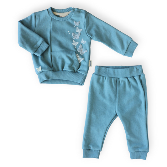 Butterflies and Hearts Cyan Set-Blue, Butterflies, Butterfly, catgirl, catset2pcs, Cyan, FW23, Girl, Green, Hearts, Long Sleeve, Pants, Set, Top, Unfooted, Velour-MiniWorld-[Too Twee]-[Tootwee]-[baby]-[newborn]-[clothes]-[essentials]-[toys]-[Lebanon]