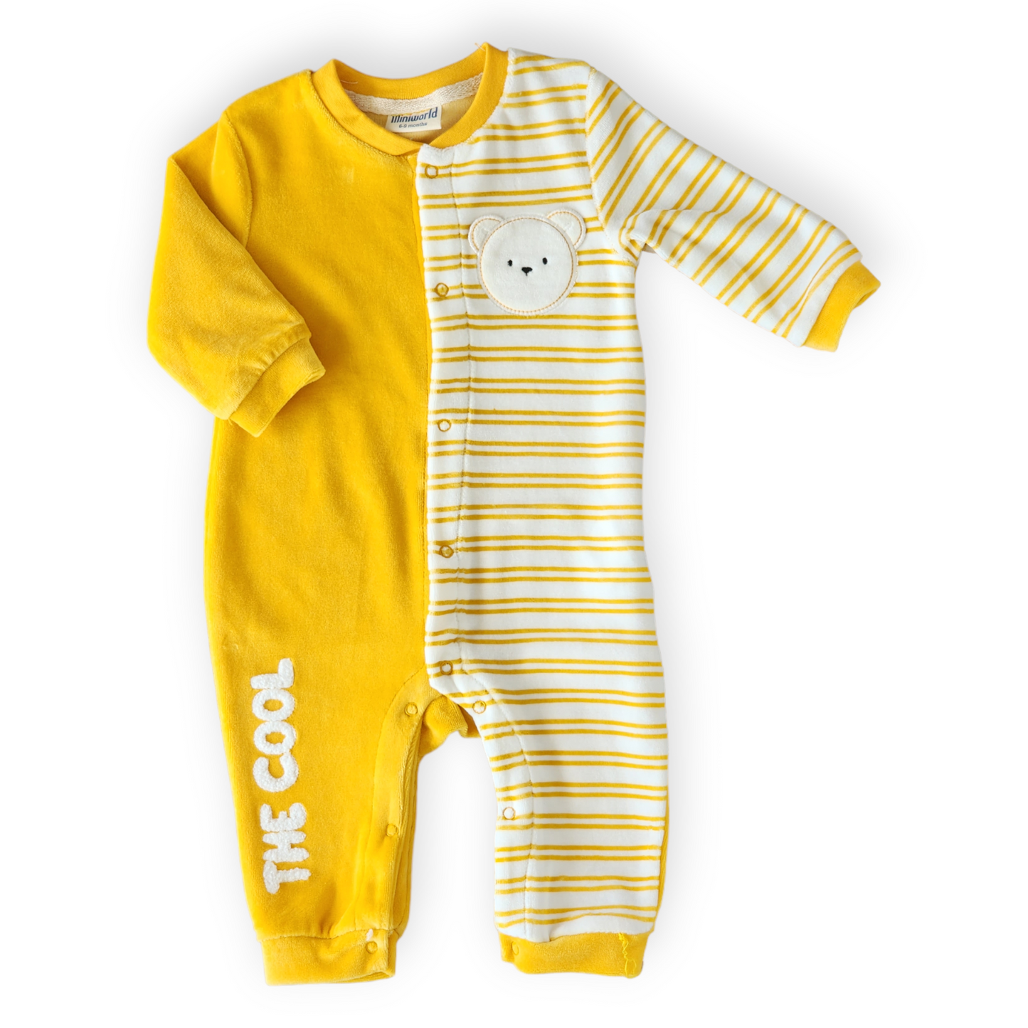 The Cool Bear Yellow Velour Jumpsuit-Bear, Boy, catboy, catgirl, catunisex, Cool, FW23, Girl, Jumpsuit, Long Sleeve, Unfooted, Unisex, Velour, Yellow-MiniWorld-[Too Twee]-[Tootwee]-[baby]-[newborn]-[clothes]-[essentials]-[toys]-[Lebanon]