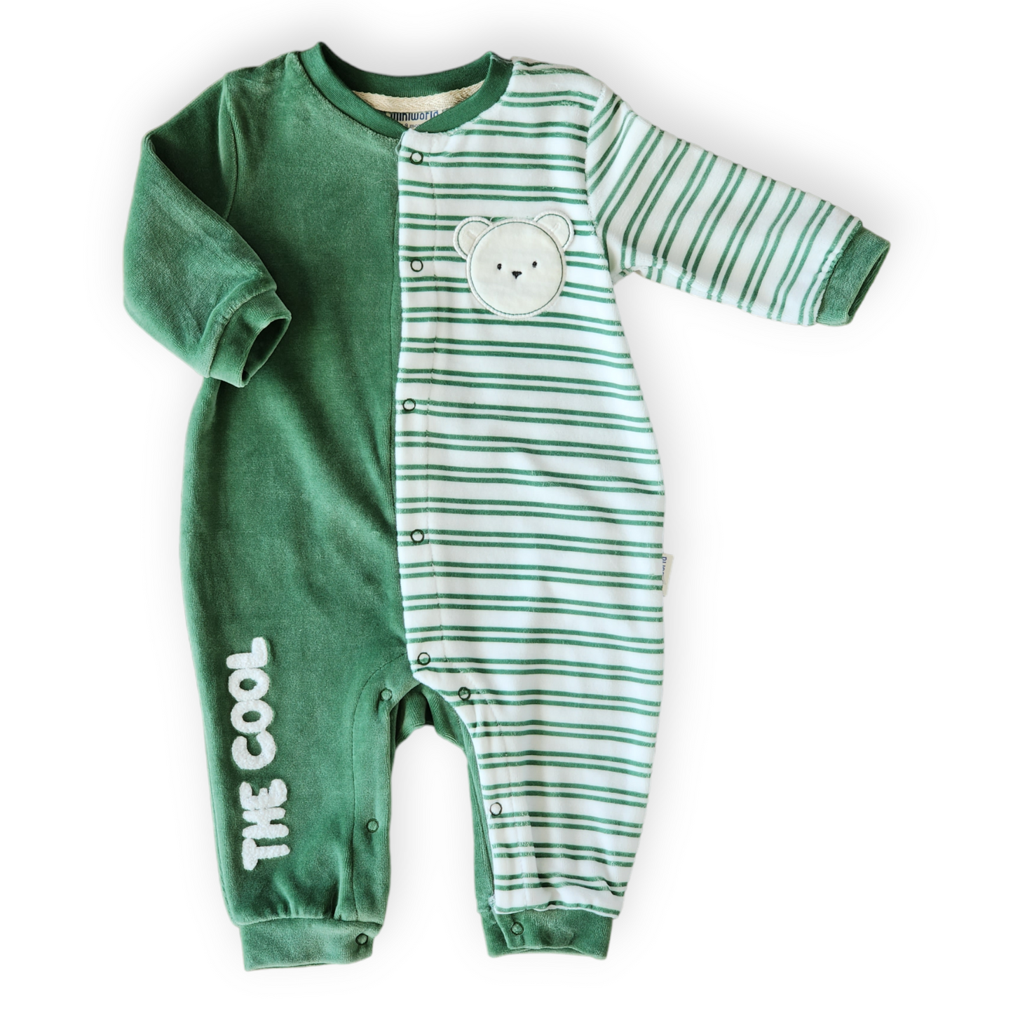 The Cool Bear Green Velour Jumpsuit-Bear, Boy, catboy, catgirl, catunisex, Cool, FW23, Girl, Green, Jumpsuit, Long Sleeve, Unfooted, Unisex, Velour-MiniWorld-[Too Twee]-[Tootwee]-[baby]-[newborn]-[clothes]-[essentials]-[toys]-[Lebanon]