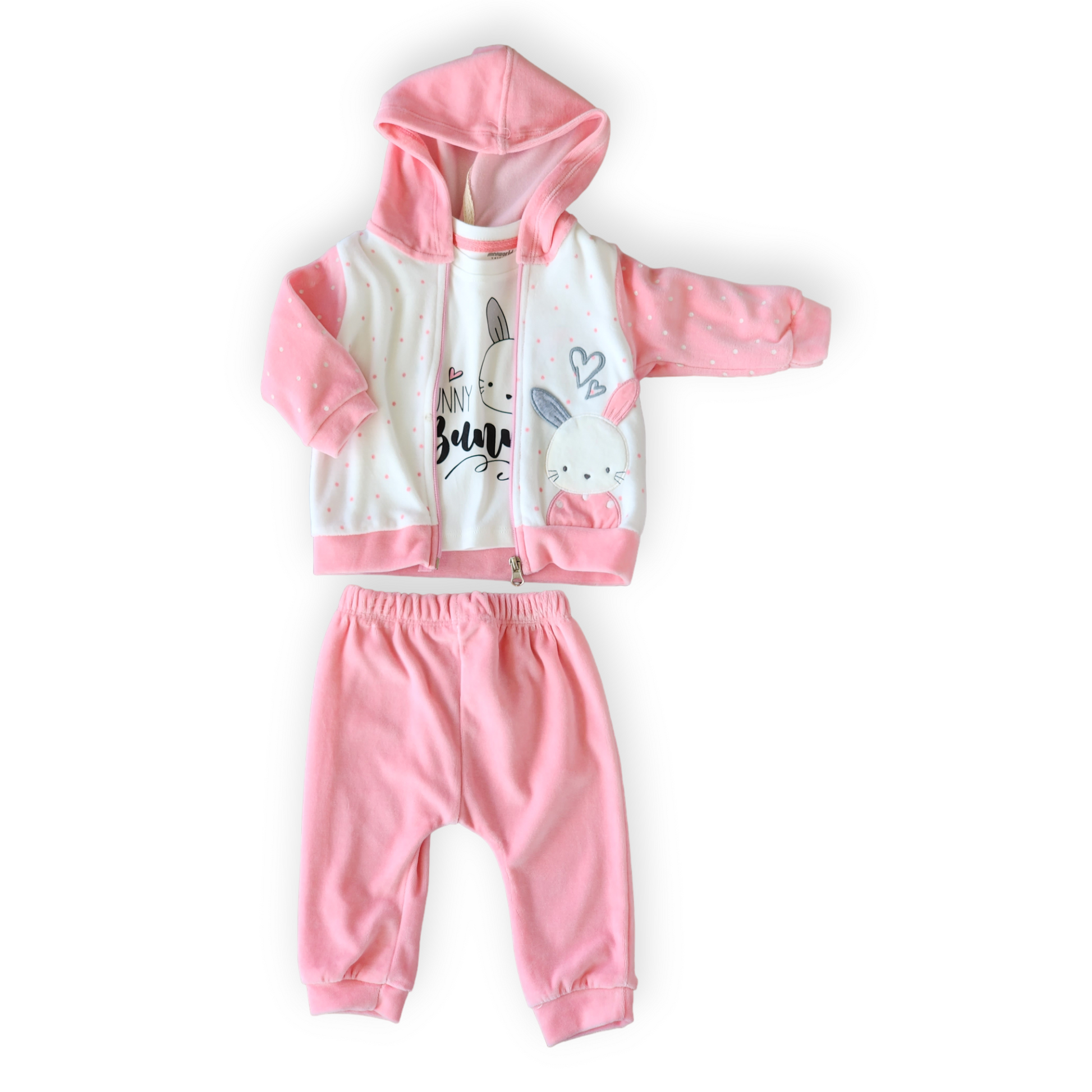 Loving Rabbit Pink Set with Hoodie-Blue, Butterflies, Butterfly, catgirl, catset3pcs, FW23, Girl, Green, Hearts, Jacket, Long Sleeve, Pants, Purple, Set, Top, Unfooted, Velour-MiniWorld-[Too Twee]-[Tootwee]-[baby]-[newborn]-[clothes]-[essentials]-[toys]-[Lebanon]