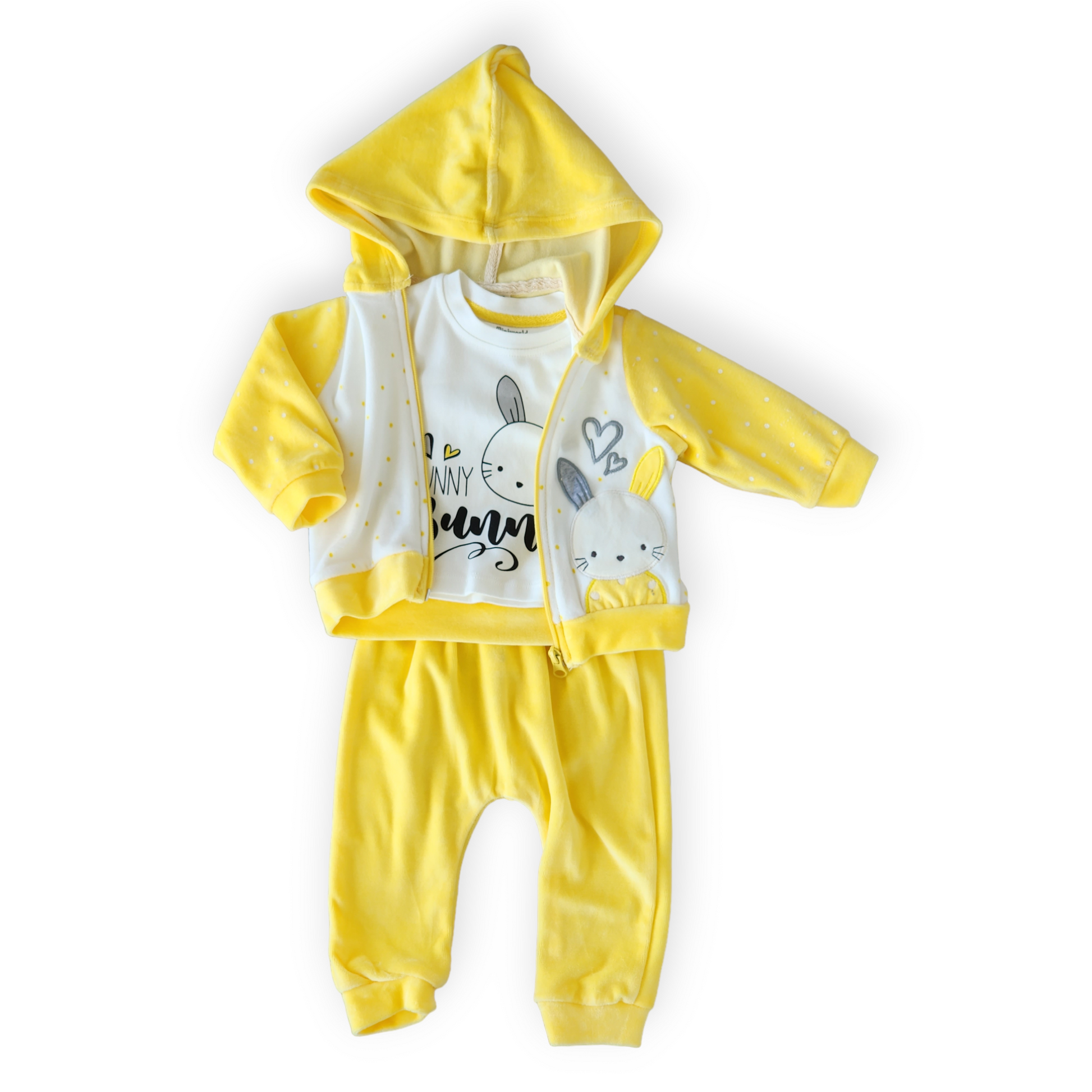 Loving Rabbit Yellow Set with Hoodie-Blue, Butterflies, Butterfly, catgirl, catset3pcs, FW23, Girl, Hearts, Jacket, Long Sleeve, Pants, Purple, Set, Top, Unfooted, Velour, Yellow-MiniWorld-[Too Twee]-[Tootwee]-[baby]-[newborn]-[clothes]-[essentials]-[toys]-[Lebanon]