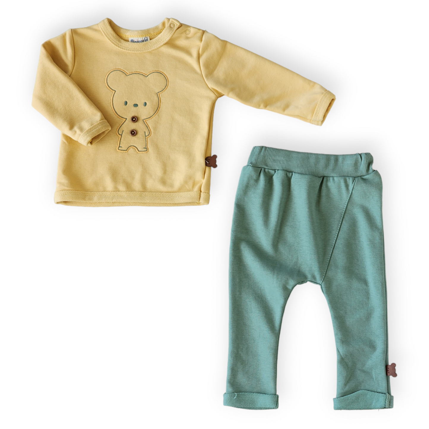 Teddy Bear Yellow and Green Set-Bear, Boy, Buttons, catboy, catset2pcs, FW23, Green, Long Sleeve, Pants, Set, Teddy, Top, Unfooted, Velour, Yellow-MiniWorld-[Too Twee]-[Tootwee]-[baby]-[newborn]-[clothes]-[essentials]-[toys]-[Lebanon]