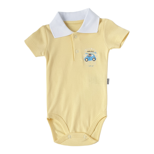 Happy Days Yellow Body-Beach, Body, Bodysuit, Boy, Catboy, Creeper, Onesie, Short Sleeve, Spread collar, SS23, Summer, Surf, Yellow-Puan Baby-[Too Twee]-[Tootwee]-[baby]-[newborn]-[clothes]-[essentials]-[toys]-[Lebanon]