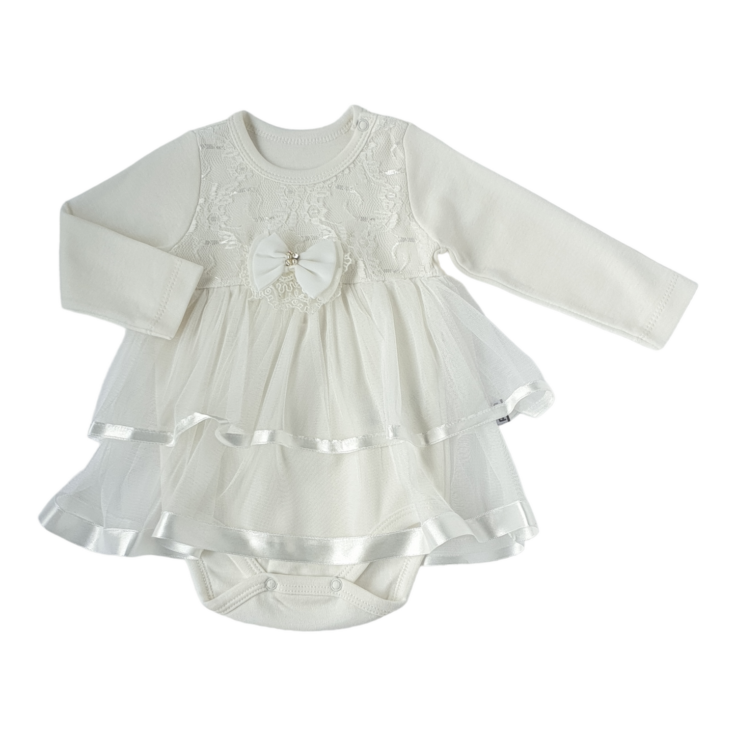 Off-White Dress with Bow Tie-Bow, Catgirl, Dress, Girl, Heart, Long sleeve, Off-white, SS23, tie, White-Puan Baby-[Too Twee]-[Tootwee]-[baby]-[newborn]-[clothes]-[essentials]-[toys]-[Lebanon]