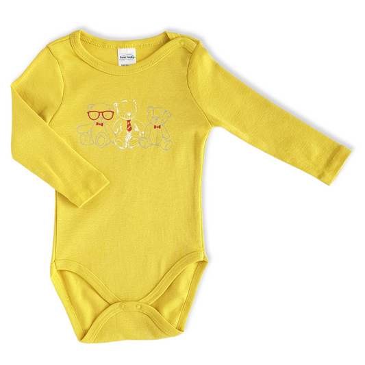 Unisex Three Bears Body-Bears, Body, Bodysuit, Boy, catboy, catgirl, catunisex, Creeper, Girl, Long Sleeve, Mustard, Onesie, Teddy, Unisex, Yellow-Fuar Baby-[Too Twee]-[Tootwee]-[baby]-[newborn]-[clothes]-[essentials]-[toys]-[Lebanon]