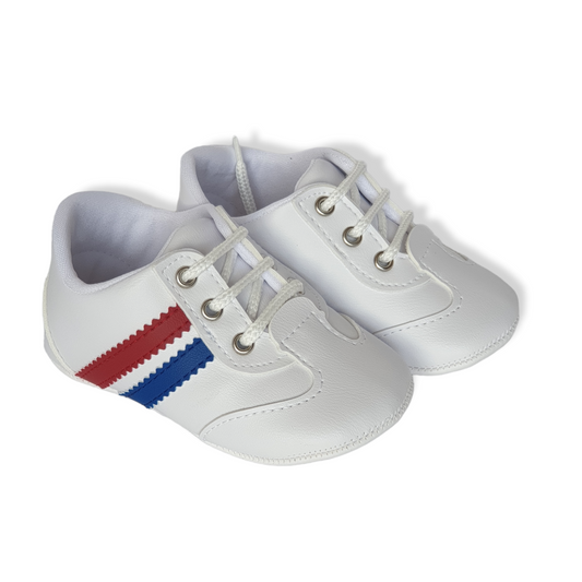 White With Blue and Red Stripes Sport Baby Shoes-Baby shoe, Blue, Boots, catshoes, catunisex, Red, Shoe, Shoes, Sneakers, Sport, White-Papulin-[Too Twee]-[Tootwee]-[baby]-[newborn]-[clothes]-[essentials]-[toys]-[Lebanon]