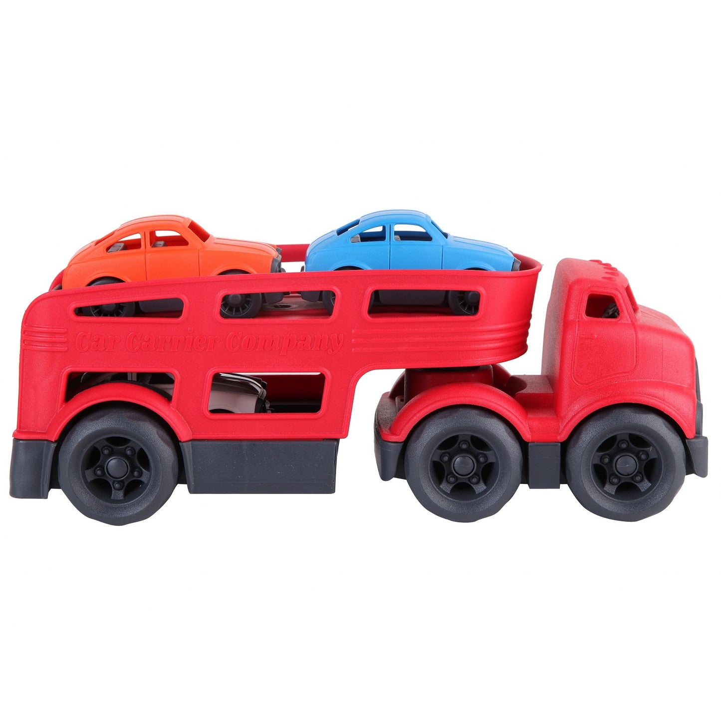 Red Car Carrier with 3 Colored Cars