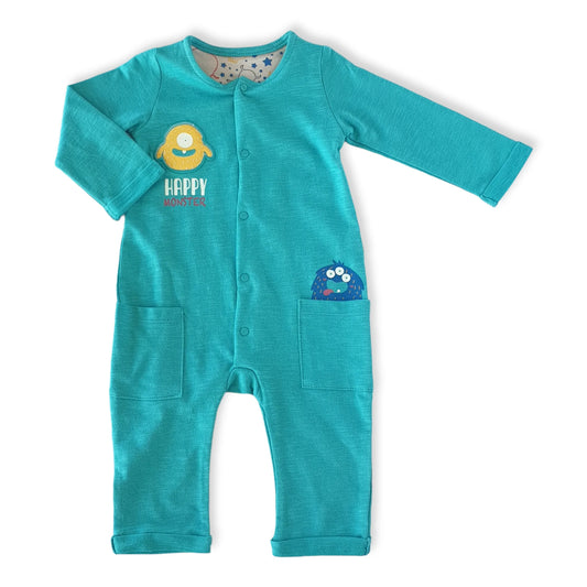 Cyan Happy Monster Unisex Jumpsuit With Pockets-Boy, catboy, catgirl, catunisex, Cyan, Footless, Girl, Jumper, Jumpsuit, Long Sleeve, Monster, Overall, Unisex-Tongs-[Too Twee]-[Tootwee]-[baby]-[newborn]-[clothes]-[essentials]-[toys]-[Lebanon]