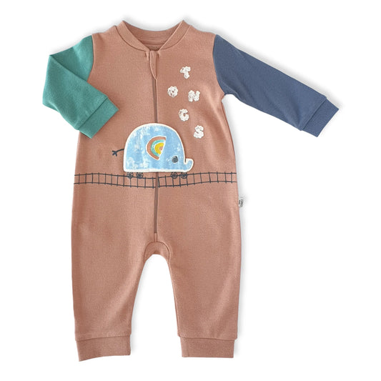 Brown Train Unisex Jumpsuit with Cap-Boy, Brown, catboy, catgirl, catunisex, Footless, Girl, Jumper, Jumpsuit, Long Sleeve, Overall, Train, Unisex-Tongs-[Too Twee]-[Tootwee]-[baby]-[newborn]-[clothes]-[essentials]-[toys]-[Lebanon]