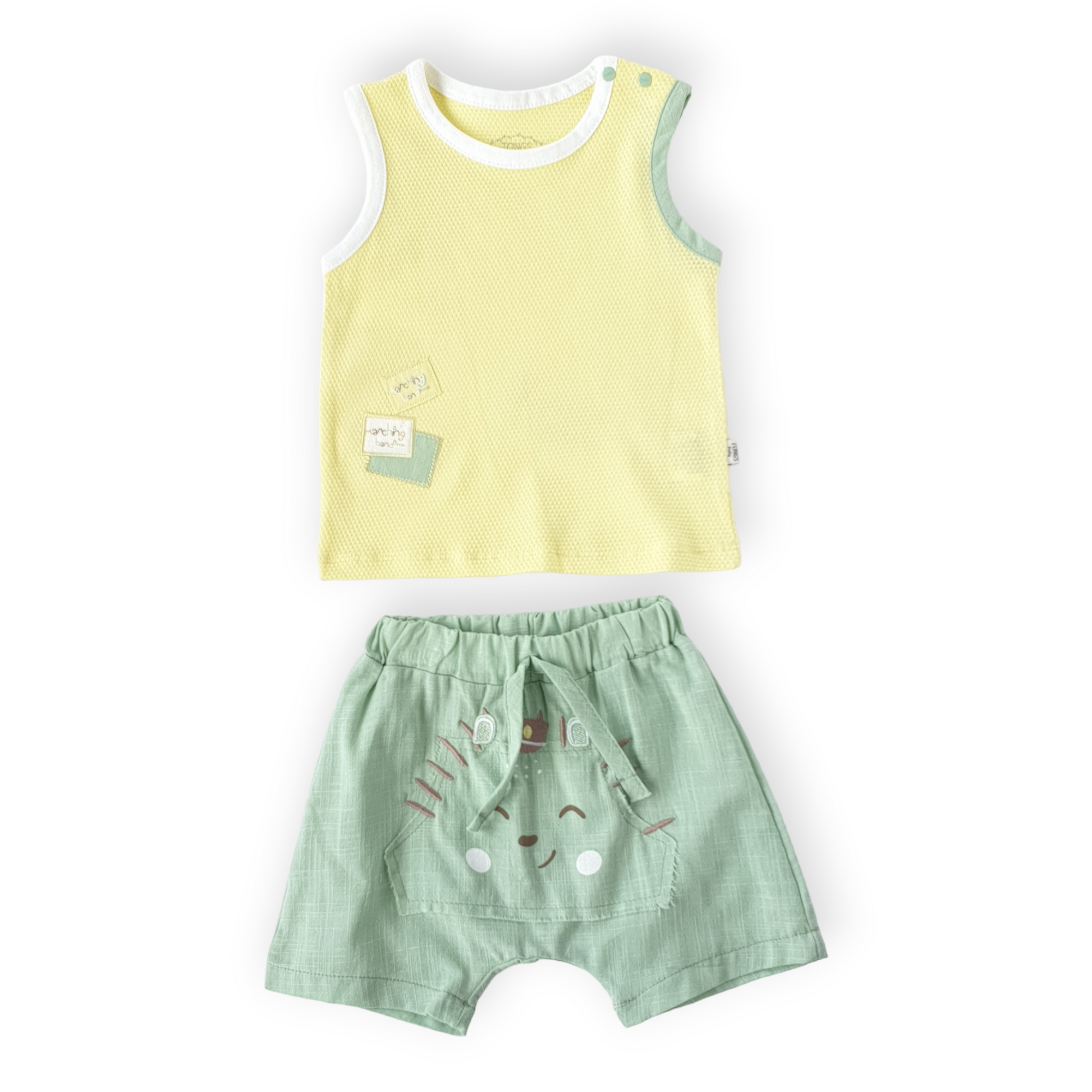 Marching Band Set Yellow and Green-Band, Boy, Catboy, Catgirl, Catset2pcs, Girl, Green, Marching, Set, Shorts, Sleeveless, SS23, Top, Yellow-Tongs-[Too Twee]-[Tootwee]-[baby]-[newborn]-[clothes]-[essentials]-[toys]-[Lebanon]