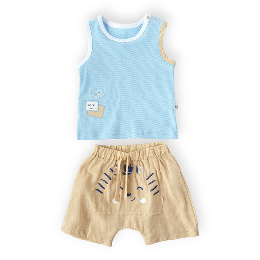 Marching Band Set Blue and Beige-Band, Beige, Blue, Boy, Catboy, Catgirl, Catset2pcs, Girl, Marching, Set, Shorts, Sleeveless, SS23, Top-Tongs-[Too Twee]-[Tootwee]-[baby]-[newborn]-[clothes]-[essentials]-[toys]-[Lebanon]