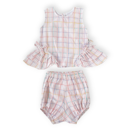 Colorful Square Pattern Baby Girl Set Pink-Catgirl, Catset2pcs, Girl, Pink, Set, Short sleeve, Shorts, Square, SS23, Top-Tongs-[Too Twee]-[Tootwee]-[baby]-[newborn]-[clothes]-[essentials]-[toys]-[Lebanon]