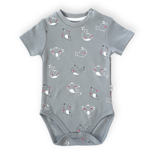 Grey Body with Whale prints-Body, Bodysuit, Boy, Catboy, Catgirl, Catunisex, Creeper, Girl, Grey, Onesie, Short sleeve, SS23-Tongs-[Too Twee]-[Tootwee]-[baby]-[newborn]-[clothes]-[essentials]-[toys]-[Lebanon]