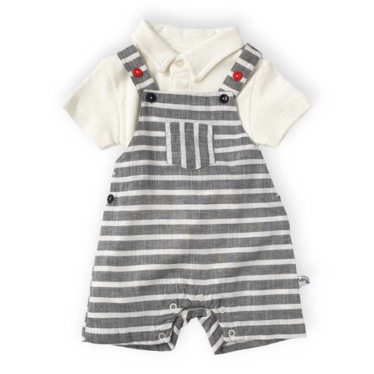 White Body with Striped Grey Salopette Set-Black, Body, Bodysuit, Boy, Catboy, Catgirl, Catromper, Catunisex, Creeper, Girl, Grey, Onesie, Short sleeve, SS23, Striped, White-Veo-[Too Twee]-[Tootwee]-[baby]-[newborn]-[clothes]-[essentials]-[toys]-[Lebanon]