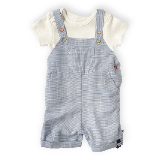 White Body with Blue Salopette Set-Blue, Body, Bodysuit, Boy, Catboy, Catgirl, Catromper, Catunisex, Creeper, Girl, Grey, Onesie, Short sleeve, SS23, Striped, White-Veo-[Too Twee]-[Tootwee]-[baby]-[newborn]-[clothes]-[essentials]-[toys]-[Lebanon]