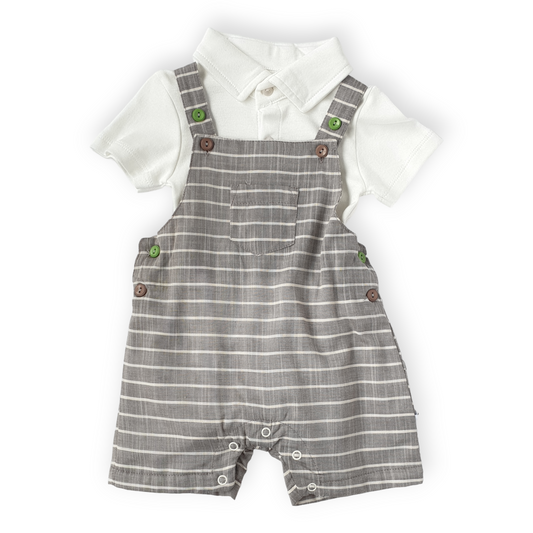 White Body with Striped Light Brown Salopette Set-Black, Body, Bodysuit, Boy, Catboy, Catgirl, Catromper, Catunisex, Creeper, Girl, Grey, Onesie, Short sleeve, SS23, Striped, White-Veo-[Too Twee]-[Tootwee]-[baby]-[newborn]-[clothes]-[essentials]-[toys]-[Lebanon]