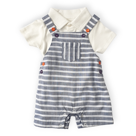 White Body with Striped Blue Salopette Set-Blue, Body, Bodysuit, Boy, Catboy, Catgirl, Catromper, Catunisex, Creeper, Girl, Grey, Onesie, Short sleeve, SS23, Striped, White-Veo-[Too Twee]-[Tootwee]-[baby]-[newborn]-[clothes]-[essentials]-[toys]-[Lebanon]