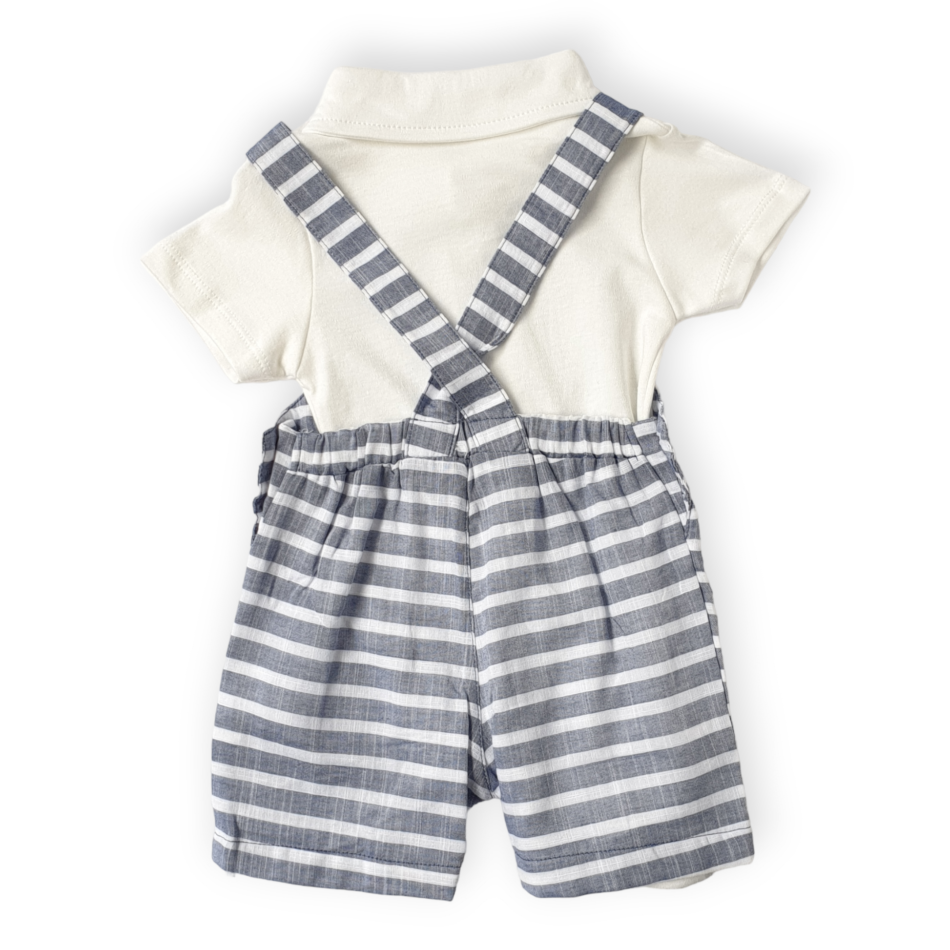 White Body with Striped Blue Salopette Set-Blue, Body, Bodysuit, Boy, Catboy, Catgirl, Catromper, Catunisex, Creeper, Girl, Grey, Onesie, Short sleeve, SS23, Striped, White-Veo-[Too Twee]-[Tootwee]-[baby]-[newborn]-[clothes]-[essentials]-[toys]-[Lebanon]