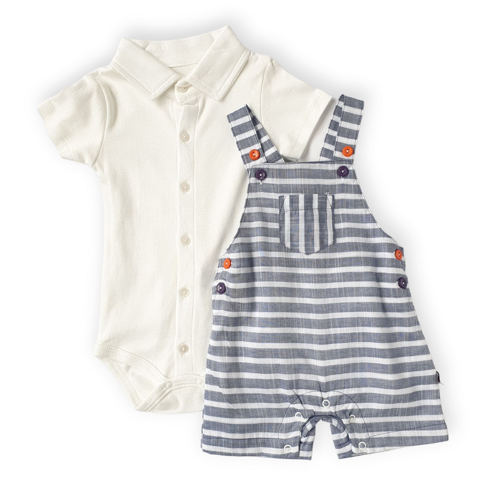 White Body with Striped Blue Salopette Set-Blue, Body, Bodysuit, Boy, Catboy, Catgirl, Catromper, Catunisex, Creeper, Girl, Grey, Onesie, Short sleeve, SS23, Striped, White-Veo-[Too Twee]-[Tootwee]-[baby]-[newborn]-[clothes]-[essentials]-[toys]-[Lebanon]