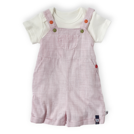 White Body with Striped Pink Salopette Set-Blue, Body, Bodysuit, Catgirl, Catromper, Creeper, Girl, Onesie, Pink, Short sleeve, SS23, Striped, White-Veo-[Too Twee]-[Tootwee]-[baby]-[newborn]-[clothes]-[essentials]-[toys]-[Lebanon]