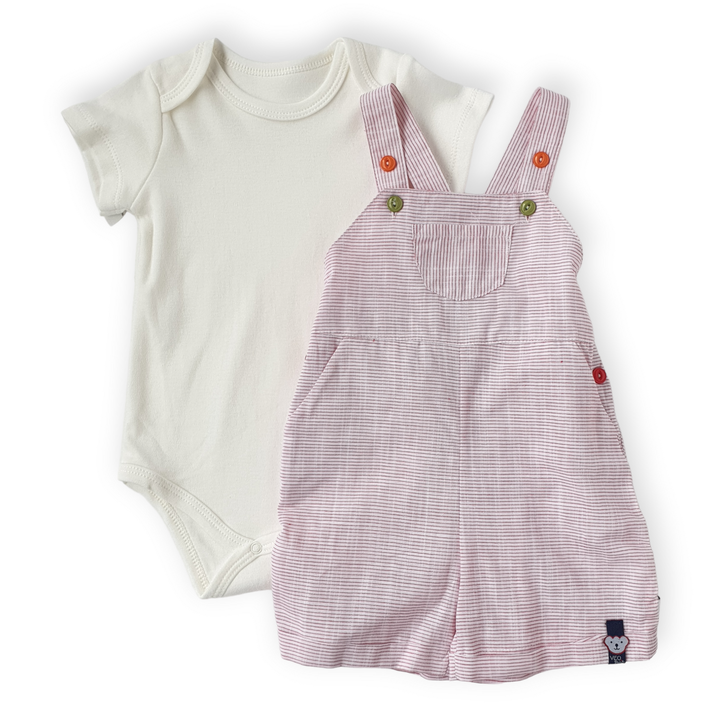 White Body with Striped Pink Salopette Set-Blue, Body, Bodysuit, Catgirl, Catromper, Creeper, Girl, Onesie, Pink, Short sleeve, SS23, Striped, White-Veo-[Too Twee]-[Tootwee]-[baby]-[newborn]-[clothes]-[essentials]-[toys]-[Lebanon]