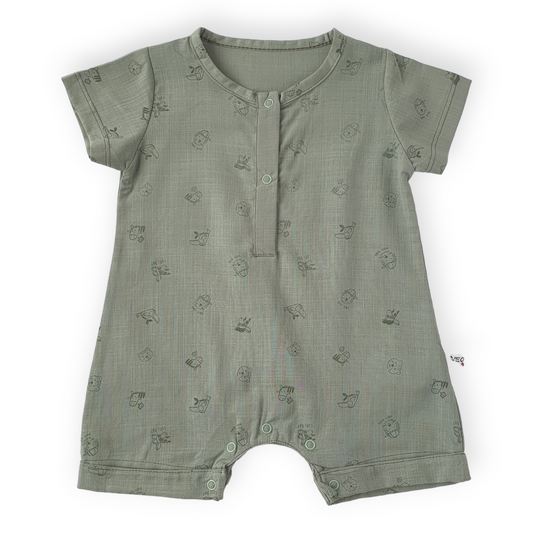 Olive Green Animals Romper-Animals, Boy, Catboy, Catromper, Green, Olive Green, Parrot, Romper, Short Sleeve, SS23-Veo-[Too Twee]-[Tootwee]-[baby]-[newborn]-[clothes]-[essentials]-[toys]-[Lebanon]