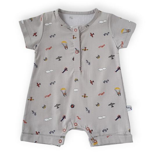Grey Pilot Romper-Boy, Catboy, Catromper, Fly, Green, Grey, Pilot, Plane, Romper, Short Sleeve, SS23-Veo-[Too Twee]-[Tootwee]-[baby]-[newborn]-[clothes]-[essentials]-[toys]-[Lebanon]
