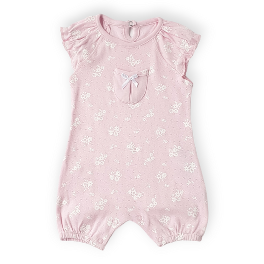 Pink Romper with White Flowers-Catgirl, Catromper, Flower, Flowers, Girl, Pink, Romper, Short Sleeve, SS23, White-Veo-[Too Twee]-[Tootwee]-[baby]-[newborn]-[clothes]-[essentials]-[toys]-[Lebanon]